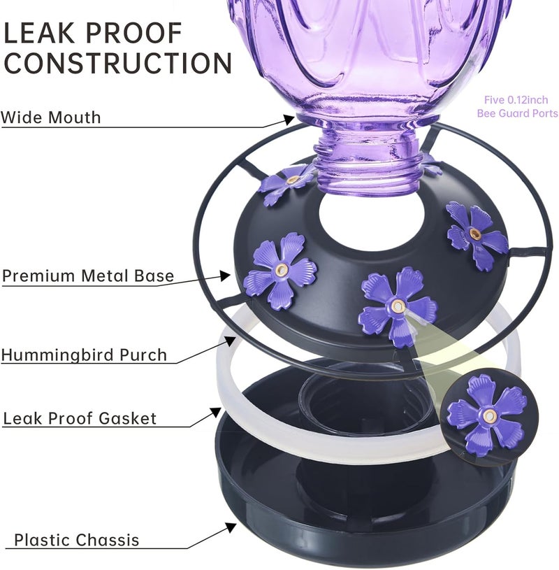 MCHBF Glass Hummingbird Feeder for Outdoors Hanging,24Ozs Humming Bird Nectar Feeder w/Perch,5 Flower Feeding Ports,Leak Proof Base and Hook for Outside Garden Backyard Decor, Gifts for Women Mom,Purple - Image 4